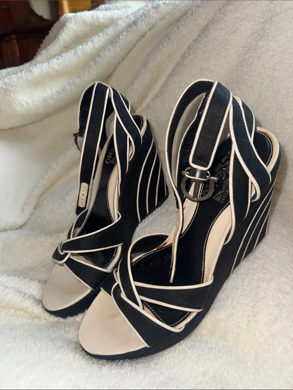 Salvatore Ferragamo Black and Cream Wedge Sandals